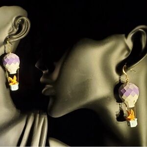 Elegant Purple and Gold Cartoon Fox Hot Air Balloon Earrings